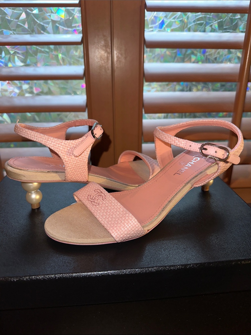 Vintage CHANEL Pink Textured Leather Sandal with Pearl Heel